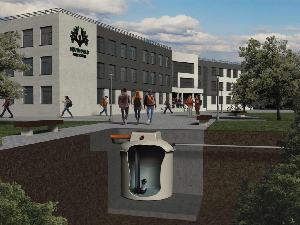 Sump and drain system installed in a school environment for effective wastewater management